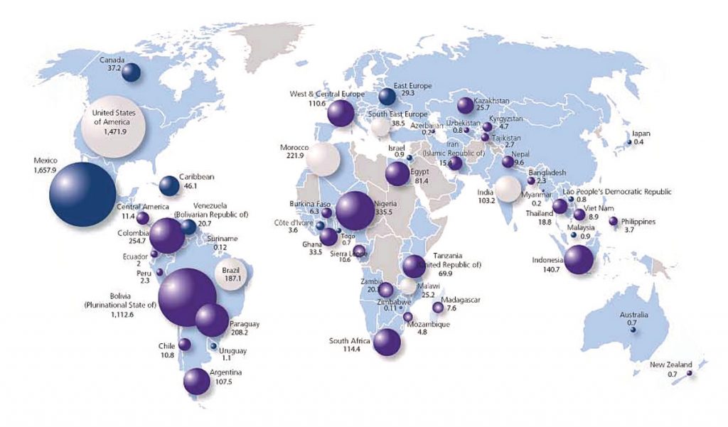 Marijuana global seizures map 2008 (Volume in metric tonnes, Trend 2007-2008)